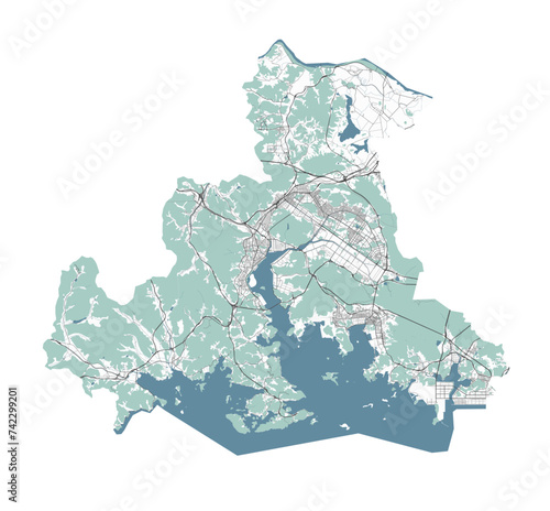 Map of Changwon, South Korea. Detailed city map, metropolitan area border.