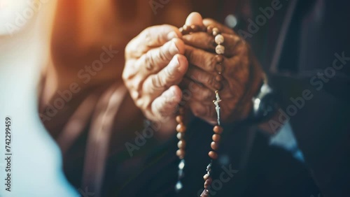 Closeup of monk's hands holding a rosary photo