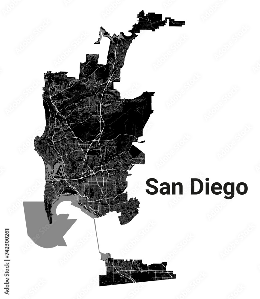 San Diego city map, United States. Municipal administrative borders