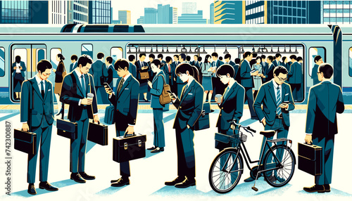 Concept vector illustration of businessmen commuting to work.