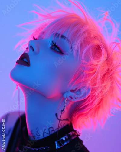 Spiky Neon Pink Hair in Blacklight: Minimalist Portrait 