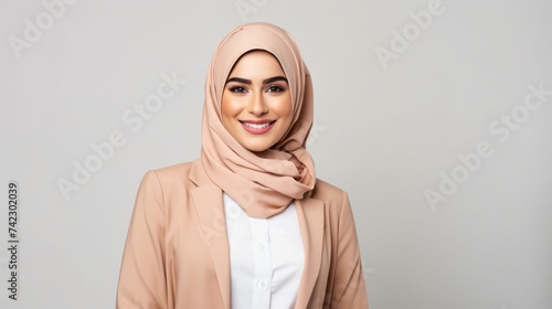 A young beautiful smiling Arab woman on a white background with a copy space. A Muslim businesswoman wearing a hijab looks at the camera.