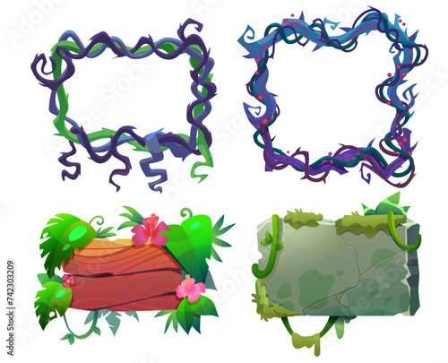 Jungle frame and border plate cartoon game ui design collection with green lush liana vines and dry creepy branches, wooden signboard with leaves and flowers and spooky marshy stone banner with moss.