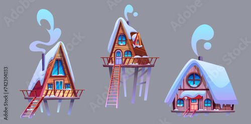 Wooden cabin with porch on pillars, roof covered with snow and chimney with smoke. Cartoon vector set of small triangular wood house for mountain or forest resort and camping. Cozy snowy chalet.