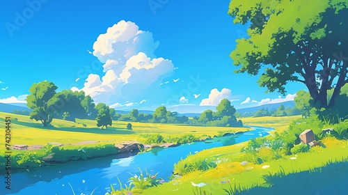 Spring lawn and blue sky and white clouds scene illustration, Beginning of Spring concept illustration background