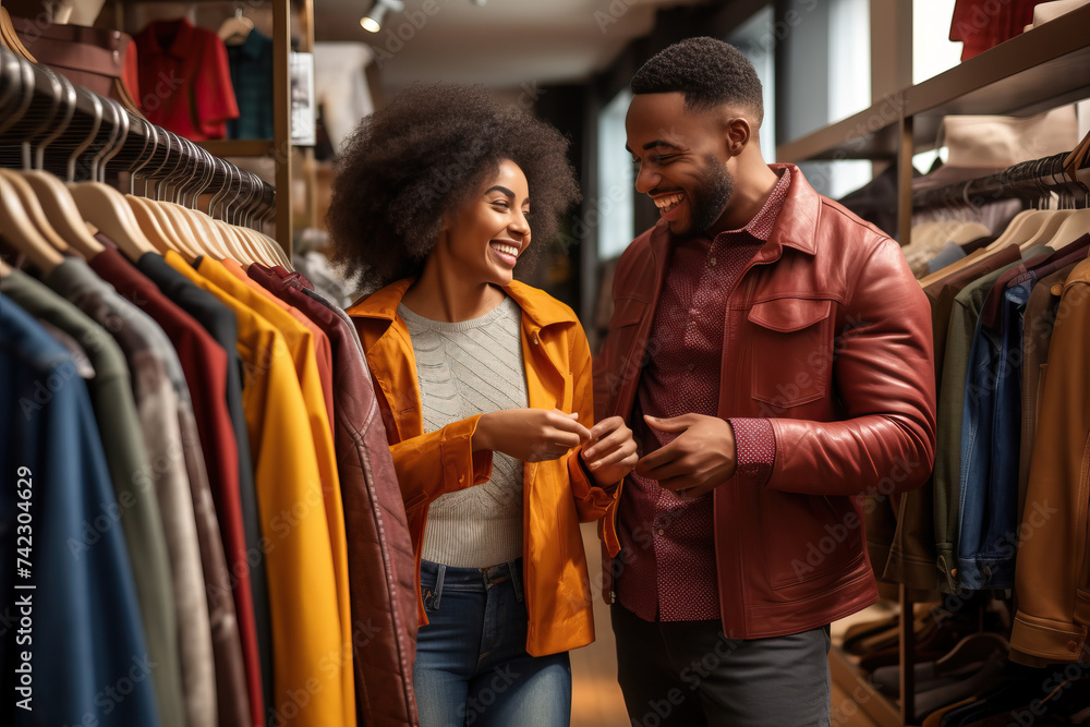 A man and a woman browsing the outerwear selection in a retail store