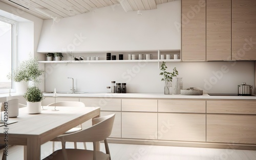 Modern kitchen  interior design  minimalistic scandinavian look. Natural wooden and white materials. Minimalistic sunny photo. AI Generative