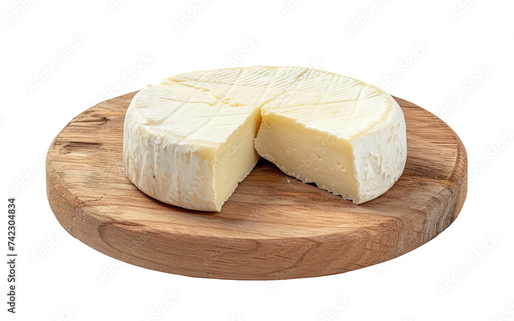 Home made cheese on round cutting board isolated on transparent background