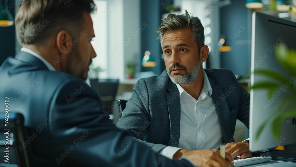 A businessman is explaining to a male colleague on a computer on his desk in the office A businessman is explaining to a male colleague on a computer on his desk in the office