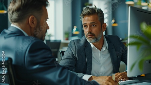 A businessman is explaining to a male colleague on a computer on his desk in the office