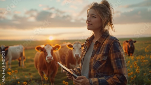 Female farmer uses tablet to stand next to cows in cattle farm photo