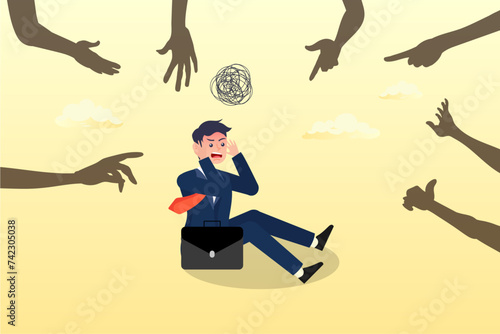 Fearful businessman sitting with evil hand threaten, fear or afraid of failure, struggle or shackle, feeling depressed or disorder, phobia, anxiety or stressed burnout or negative thinking (Vector) 