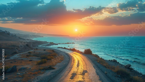View of the seaside road at sunset with mountain in the background