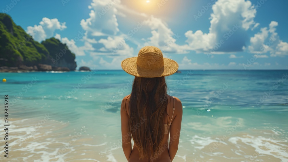 Summer beach concept, Woman wearing a hat looks at the seaside view