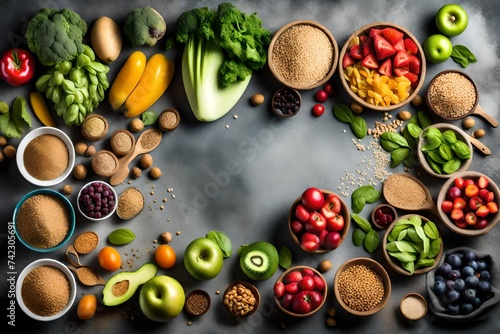Healthy food clean eating selection fruit  vegetable  seeds  superfood  cereal  leaf vegetable on gray concrete background
