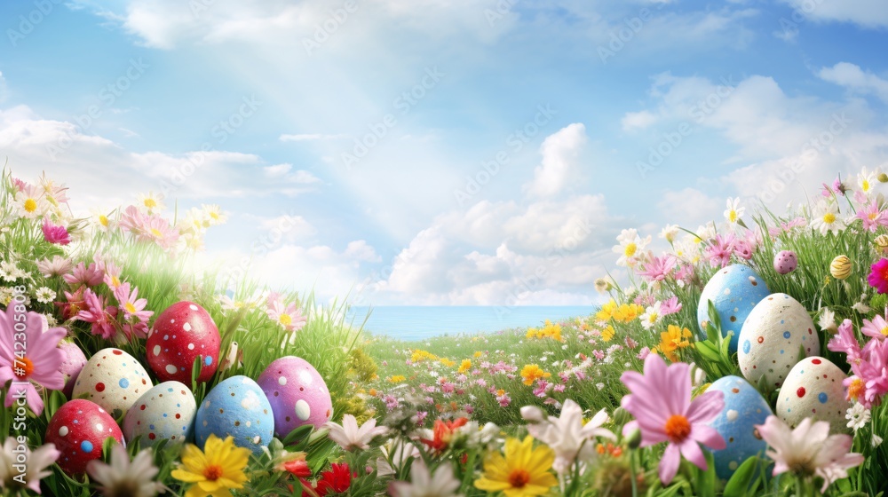 The Easter eggs form a wonderful decor. Spectacularly adorned for springtime. - obrazy, fototapety, plakaty 