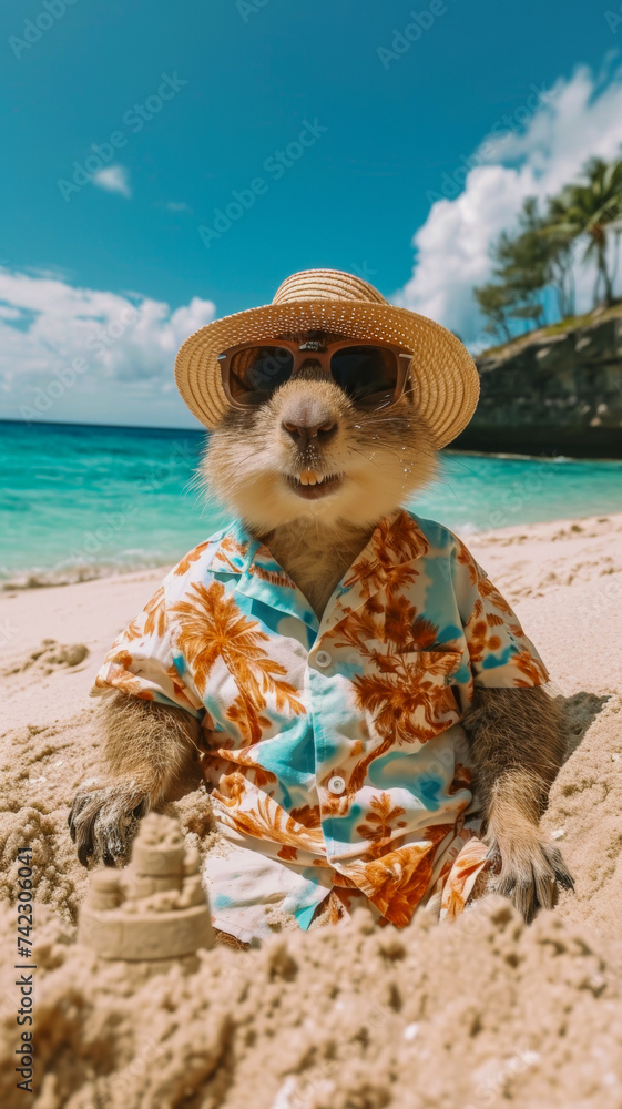 Chipmunks dressed in a Hawaiian shirt, beach shorts, hat, sunglasses is building a sand castle on the beach on a clear sunny day, with a blue sky, and a turquoise sea nearby, smiles, summer tones, bri