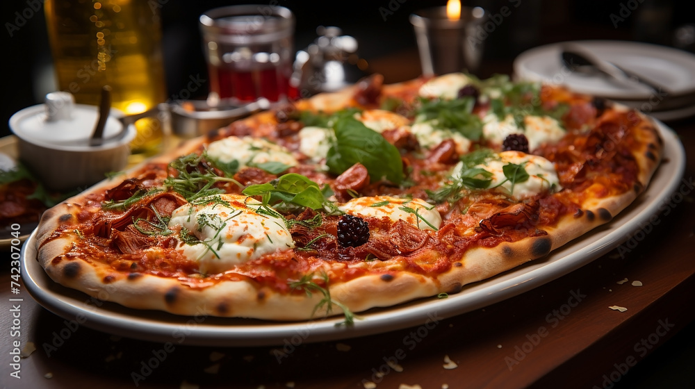 Closeup top view food photograph of delicious classic Sicilian pizza with vegetables around Closeup top view food photograph of delicious classic Sicilian pizza with vegetables around