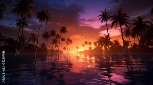 Generative AI Overhead shot capturing the silhouette of palm trees on remote islands against the stunning backdrop of a vibrant sunset  casting golden reflections on the tranquil waters below. photore