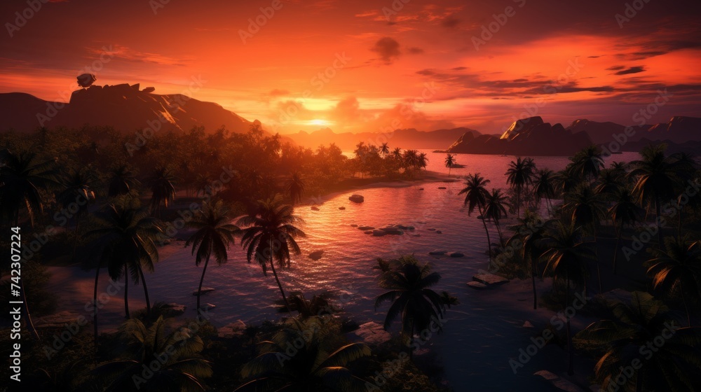 Generative AI Overhead shot showcasing the splendor of a serene island chain during sunset, with palm trees silhouetted against the fiery sky, creating a magical and captivating scene.