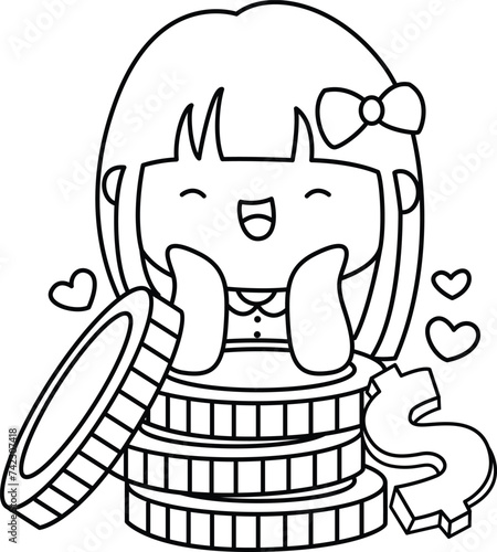 a vector of a rich girl with big coins in black and white coloring