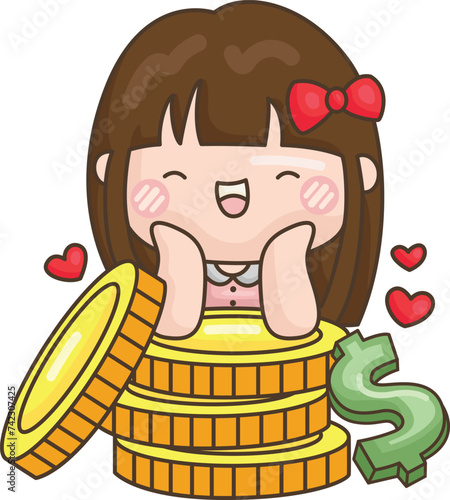 a vector of a rich girl with big coins