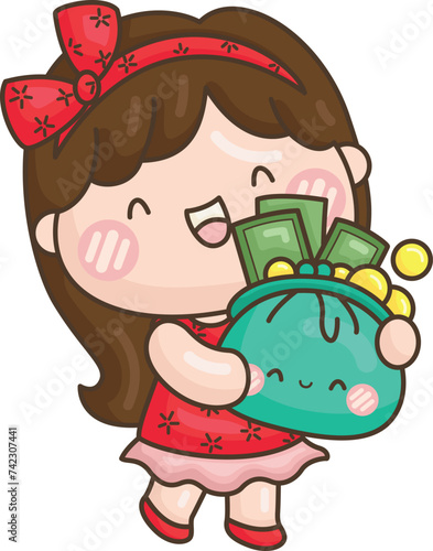 a vector of a girl holding a bag of money
