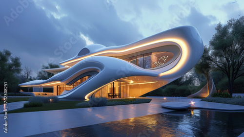 Showcasing a fusion of art and technology this futuristic house features innovative materials and stateoftheart lighting.