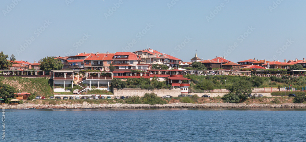 Nessebar old town, coastal view. Panoramic landscape photo taken on a sunny day