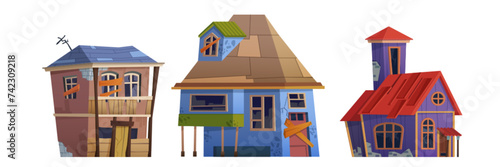 Broken abandoned house buildings with windows and door closed with wooden boards, destroyed cracked dirty walls with moss, damaged roof. Cartoon vector set of city ruin homes and dilapidated shack.