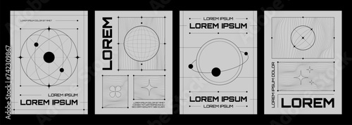 Poster in trendy y2k style with simple abstract grid shapes and patterns with black line on grey background. Vector banners set with wireframe elements and typography. Design template in 00s aesthetic