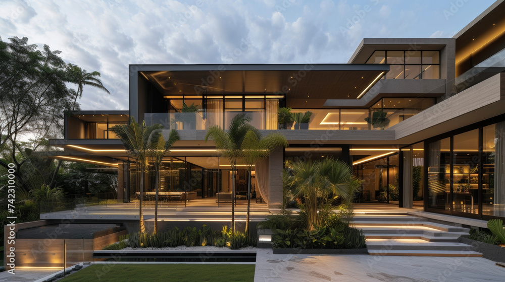 Obraz premium The layered facades of this private house are a true work of art with each element carefully crafted and p to enhance the overall aesthetic and functionality from light filtration