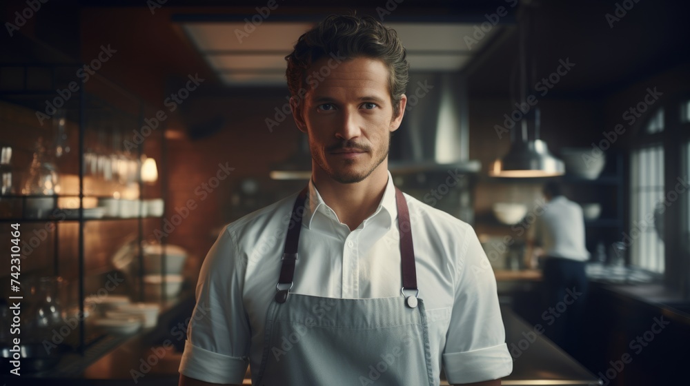 Generative AI Portrait of a male chef in a restaurant kitchen, wearing an apron, overseeing kitchen operations, professional setting Generative AI Portrait of a male chef in a restaurant kitchen, wearing an apron, overseeing kitchen operations, professional setting