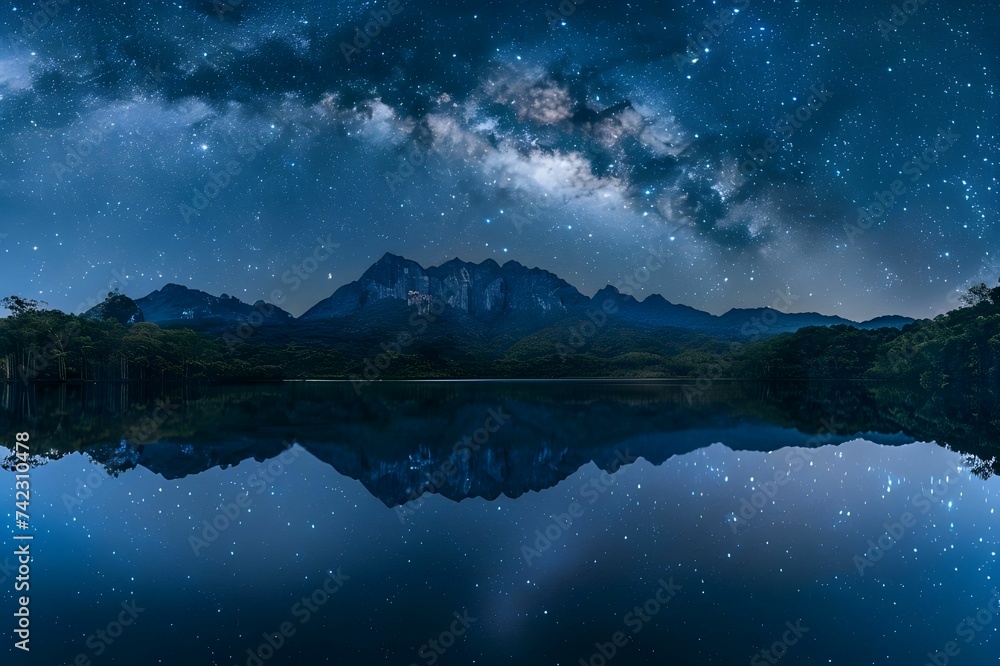 Starry Night Sky Over Forested Mountain Lake AI-Generated
