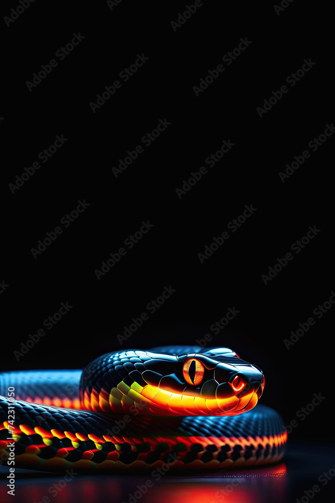 Fototapeta premium side contour view of snake made from glowing colorful neon light over black background, 2025 Chinese horoscope concept, Banner, copy space
