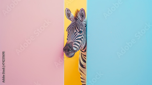 Creative animal concept. Zebra peeking between two pastel walls