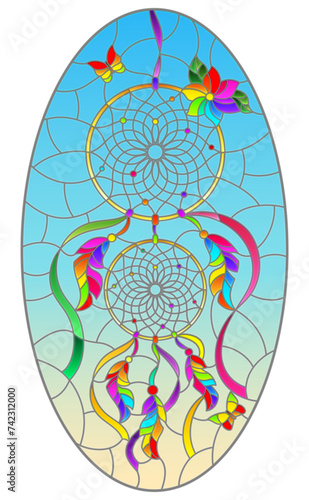 Illustration in stained glass style with dream catcher and butterflies on sky background