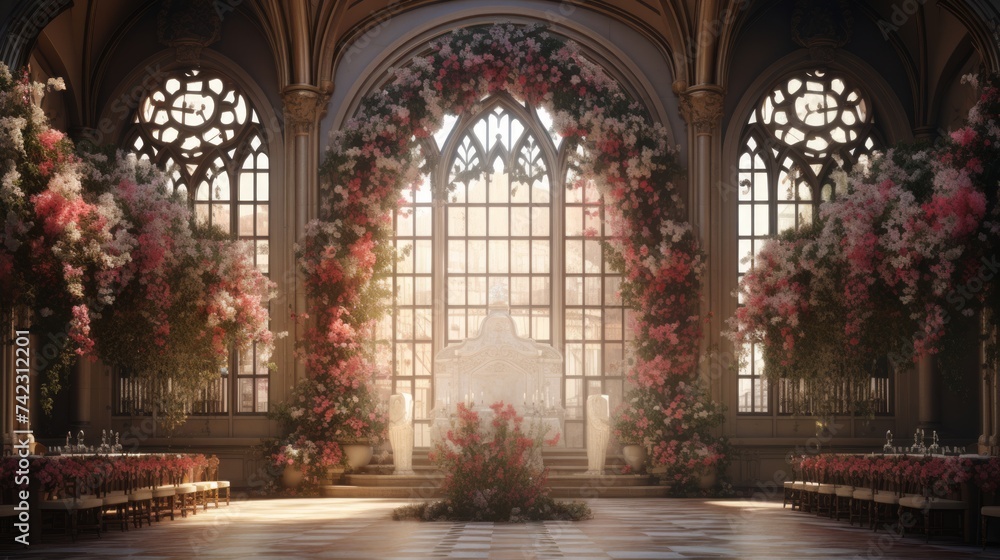 Generative AI Regal banquet hall adorned with exquisite floral arrangements.
