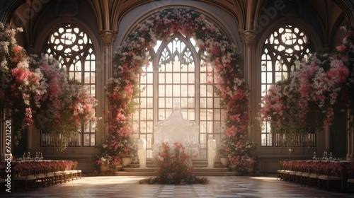 Generative AI Regal banquet hall adorned with exquisite floral arrangements.