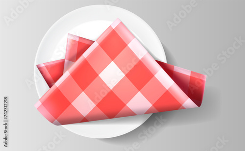 A red checkered napkin lies on a plate. Vector illustration. Sketch for creativity.