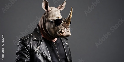 Portrait of a rhinoceros in sunglasses and a leather jacket on a dark background. Advertising banner with copy space. Creative animal concept.