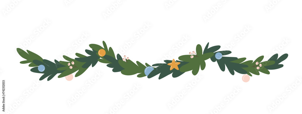 Fototapeta premium Evergreen garland with leaves and ornaments 