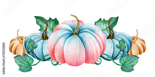 Watercolor composition with blue, pink, orange pumpkins and green leaves. Botanical illustration, clipart. Design for cards, packaging.