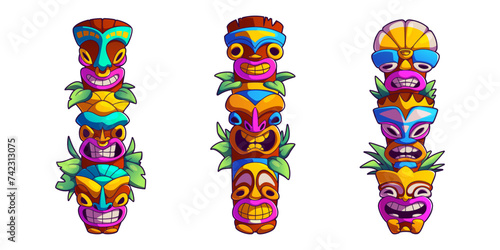 Tiki masks set isolated on white background. Vector cartoon illustration of tribal wooden totems, traditional hawaiian or polynesian attributes, scary faces with toothy mouth, decorated with leaves