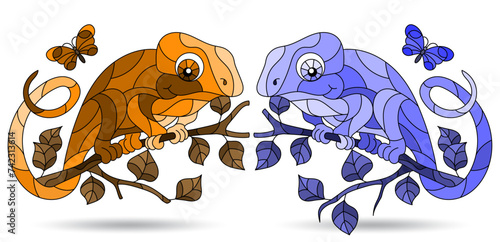 A set of illustrations in the style of stained glass with bright abstract chameleons  animals isolated on a white background  tone blue and brown