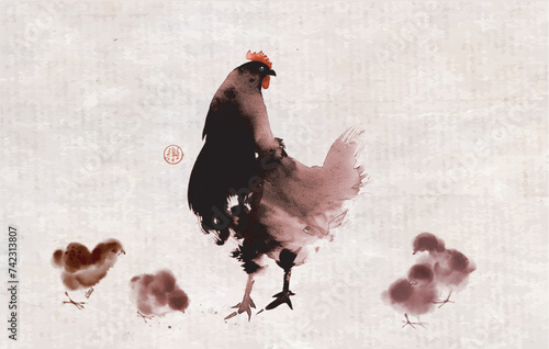 Minimalist ink wash painting with a hen and her chicks. Traditional oriental ink painting sumi-e, u-sin, go-hua on vintage background. Hieroglyph - joy