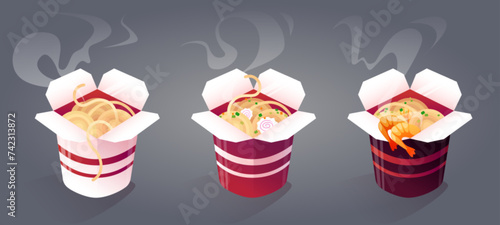 Instant noodle boxes isolated on background. Vector cartoon illustration of traditional asian fast food bowls with fresh cooked hot ramen, spicy shrimps and onions, restaurant menu design elements