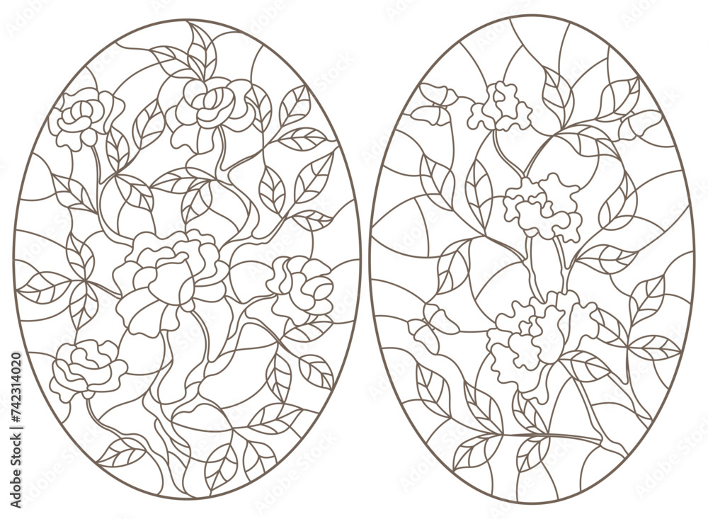 A set of contour illustrations of stained glass Windows with rosees in frames, dark contours on a white background A set of contour illustrations of stained glass Windows with rosees in frames, dark contours on a white background