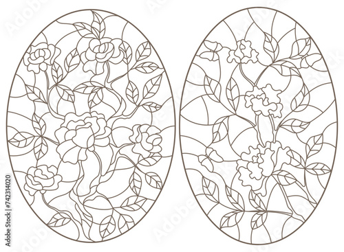 A set of contour illustrations of stained glass Windows with rosees in frames, dark contours on a white background