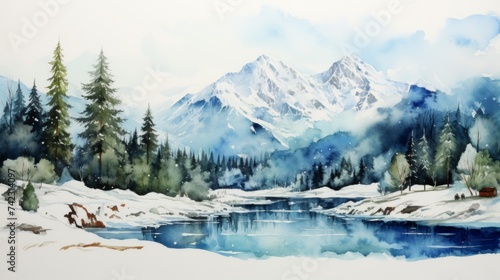 Generative AI Serene mountainscapes with snow-capped peaks aquarelle © vadosloginov